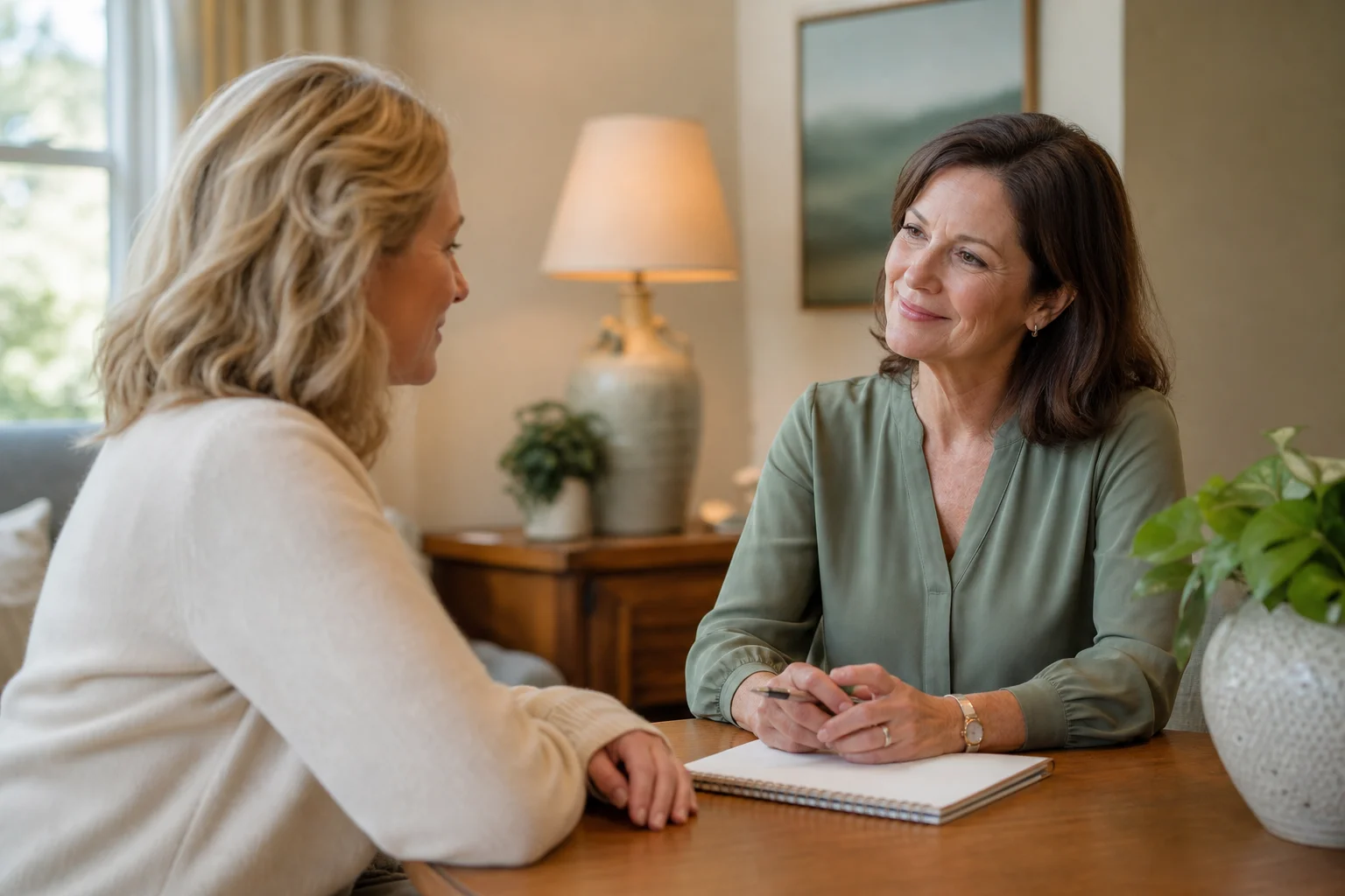 Placement advisor and adult daughter talking calmly about senior living options.