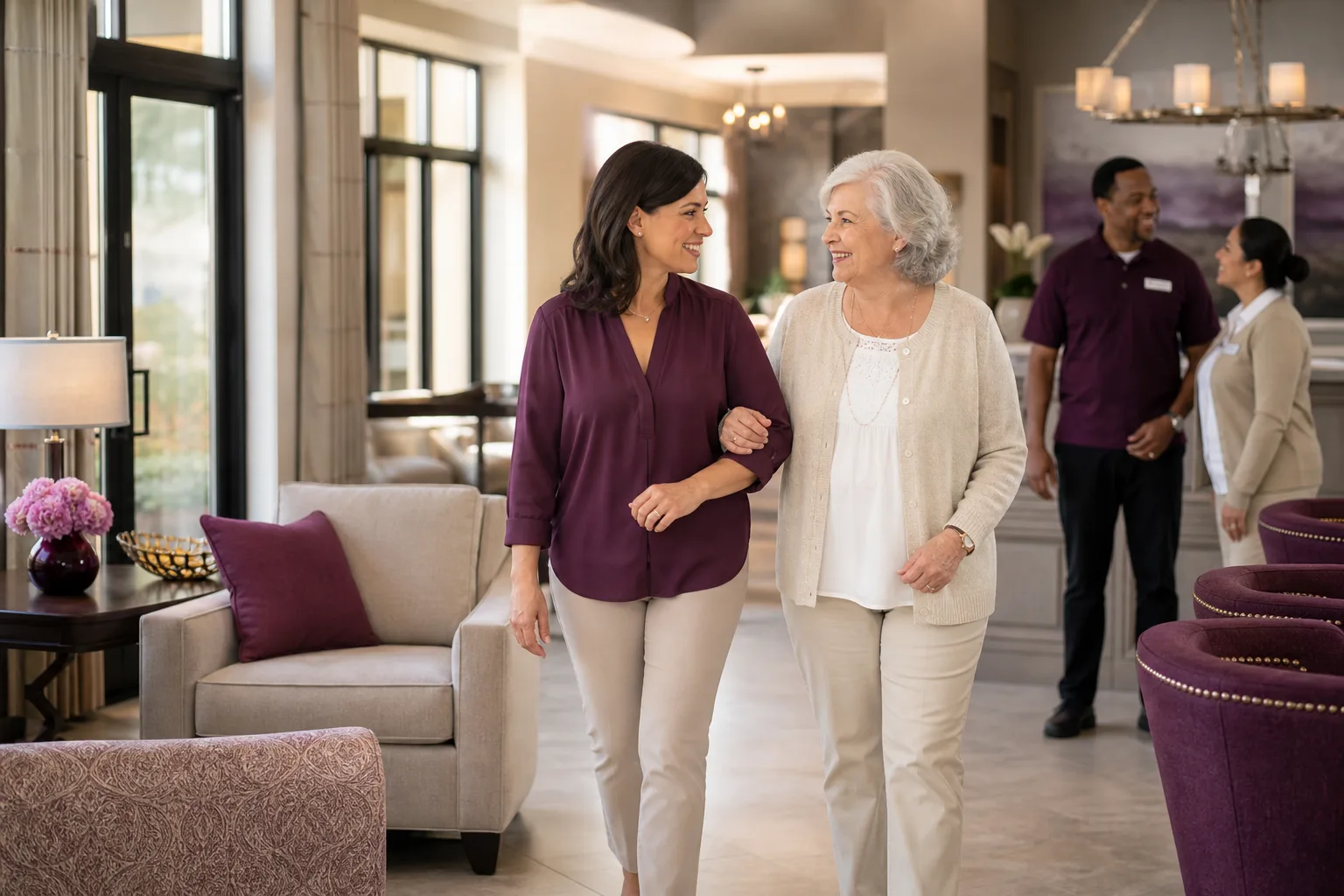 Family touring a welcoming assisted living community in Arizona.