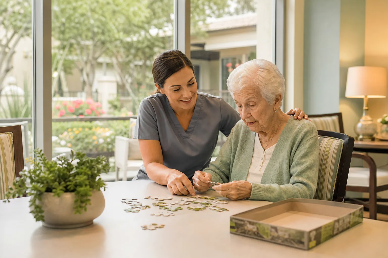 Compassionate memory care guidance in a secure senior living setting.