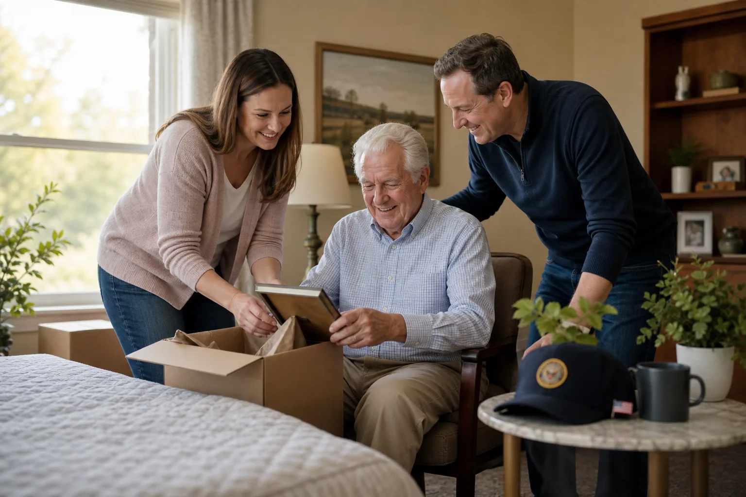 Family supporting a senior during move-in to a new living community.